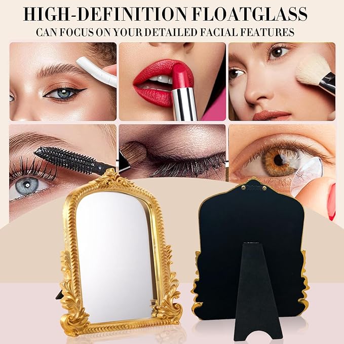 YUSONG Vintage Gold Mirror for Desk - 12" Vanity Mirrors with Resin Frame Decorative Wall Art for Tabletop Living Room Retro Decor