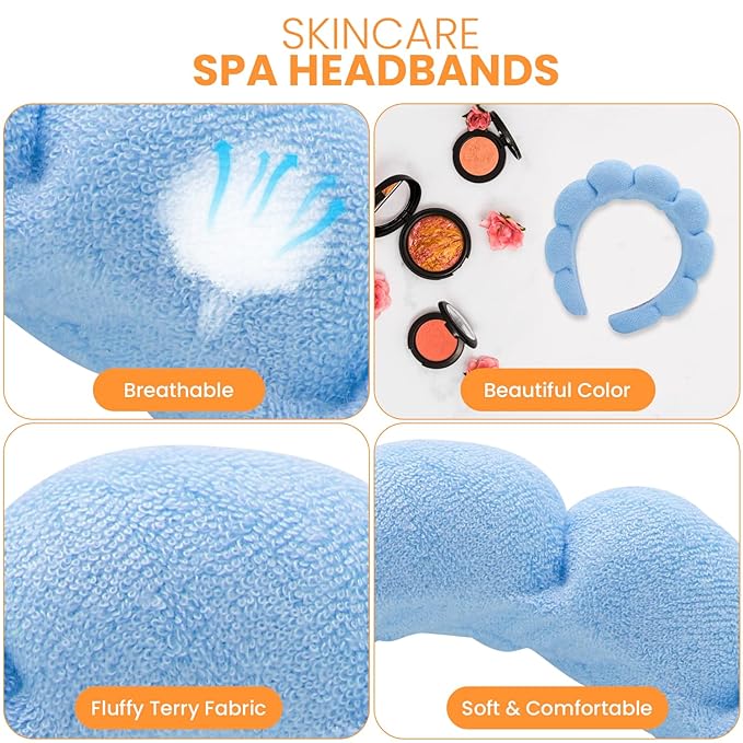 Spa Headbands for Washing Face, Makeup and Skincare. 3 Pc Set of Skin Care Head band with Wristbands. Puffy Terry Cloth, Non Slip Get Ready Hairband for Women, Teens, Girls. Cute Hair Accessories.