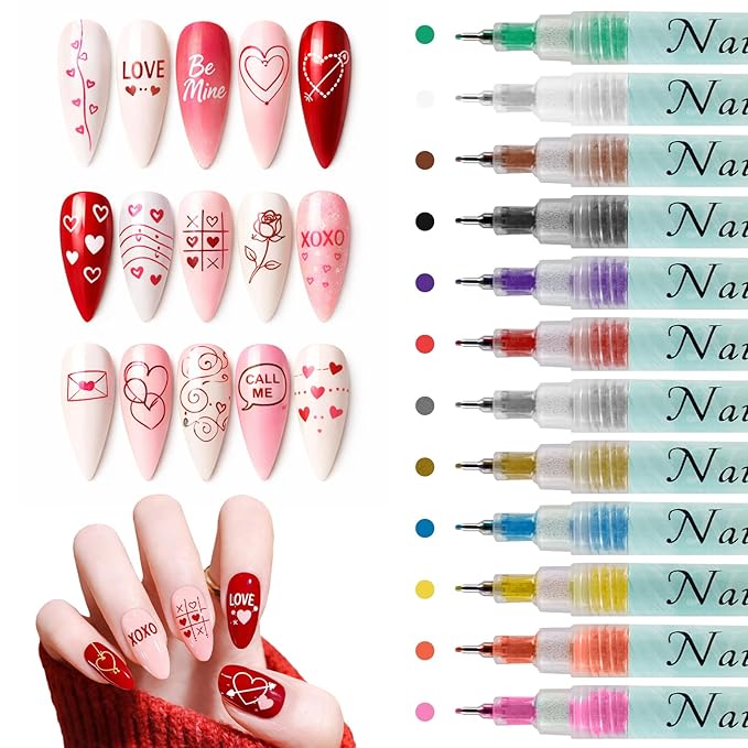 12 Color Nail Art Pens Set, 0.5 MM Nail Polish Pens Dotting Drawing Painting Point Liner Painted Pen Kit, Waterproof and Quick-drying Nail for DIY Nails Art Design Manicure Tools