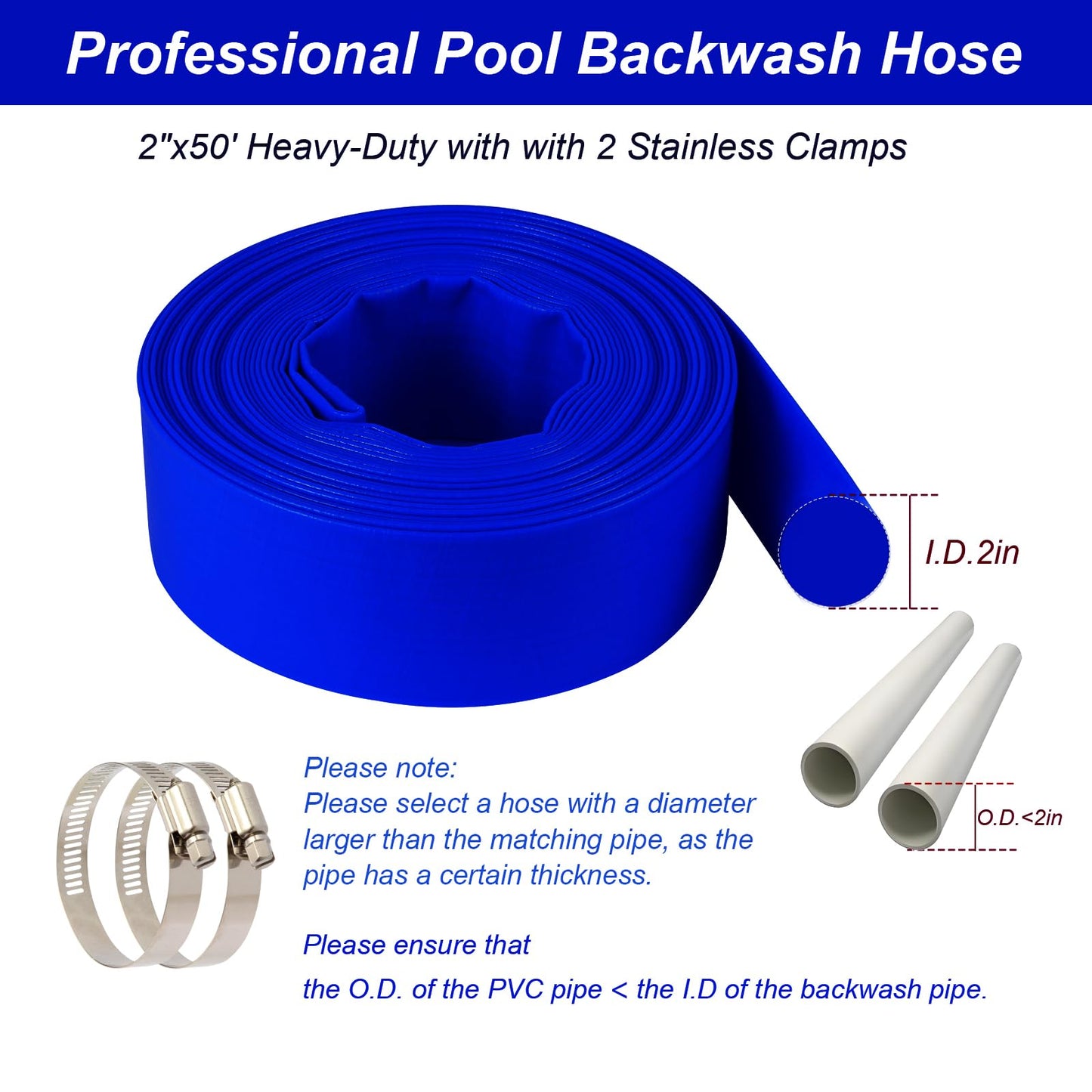 NetLea Heavy-Duty Pool Backwash Hose,2inchx50 ft Reinforced Leak Proof Design with 2 Stainless Steel Clamps 2Inch, Weather Resistant, Bursting, Ideal for Pool Backwash, Sump Pump Drainage