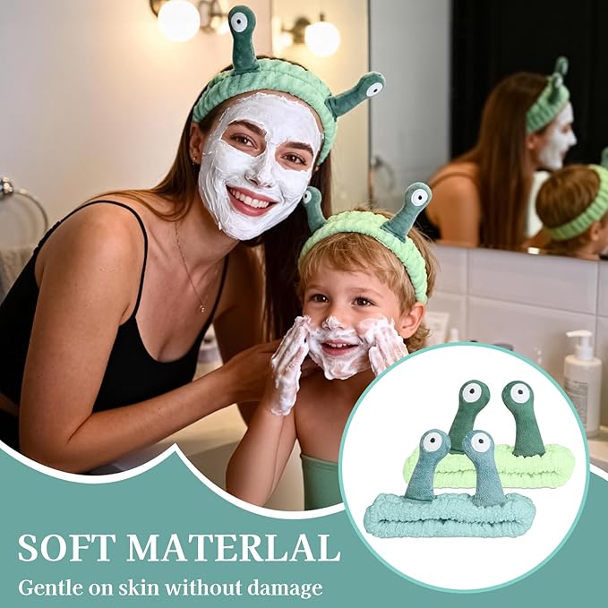 Snail Face Wash Headband Skincare & Wrist Bands for Washing Face Set Cute Spa Headband for Women and Wrist Faces Wash Bands for Shower, Facial Cleaning, Soft Coral Fleece Makeup Headbands,Green