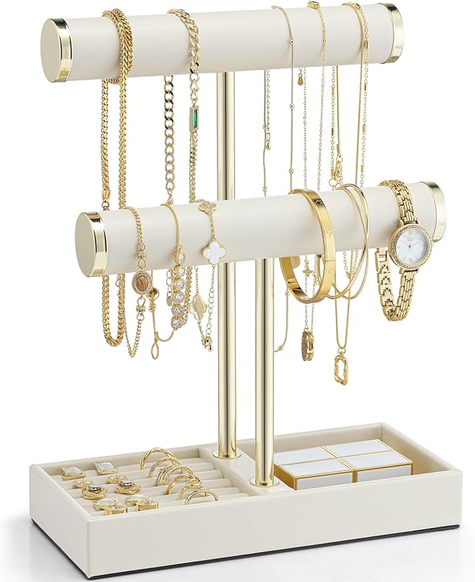 VLANDO 2 Tier Bracelet Holder Organizer with Tray - Leather Jewelry Stand Organizer for Women - Jewelry Holder Display for Necklace, Watches, Rings, Earrings, Bangle, Scrunchie - Cloud White