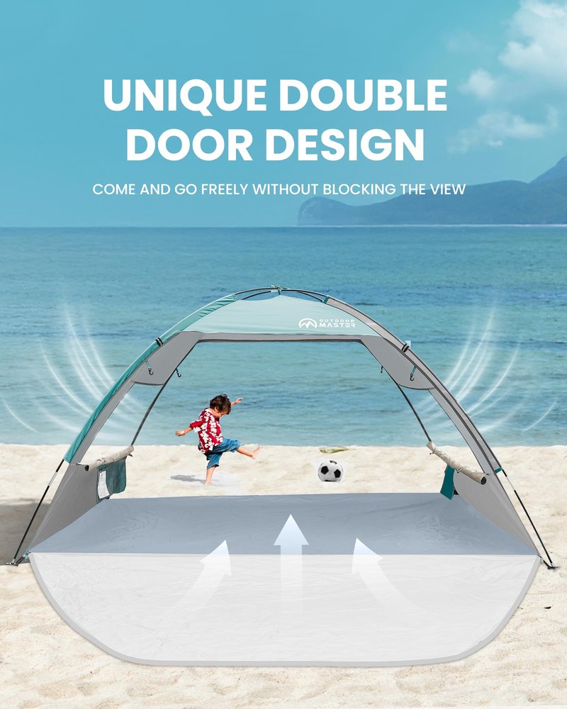 OutdoorMaster Beach Tent Sun Shelter with 2 Ventilated Doors, UPF50+ Easy Setup Beach Tent Canopy for 3 Person, Lightweight & Portable Family Beach Umbrellas for Sand with Carrying Bag-Cancun Seashore