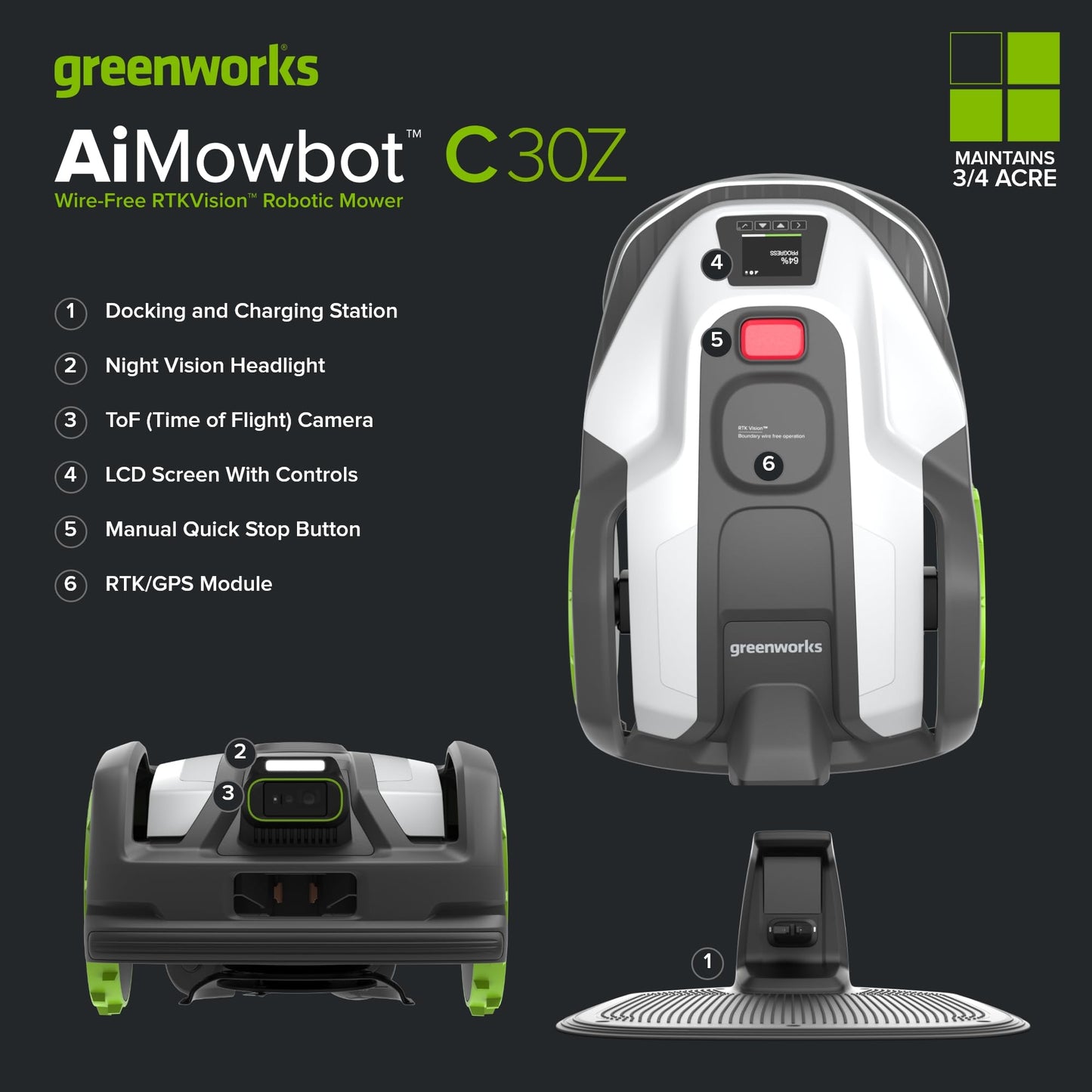 Greenworks C30Z Wire-Free Robotic Lawn Mower, up to 3/4 Acre, RTKVision Navigation, 24-Degree Slope Climbing, Smart Obstacle Avoidance, App Control with Electric Height Adjustment