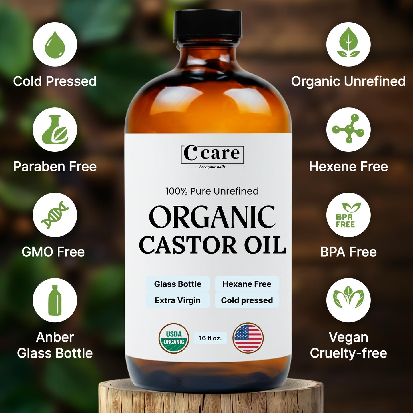 Castor Oil 100% Pure Organic Cold Pressed Unrefined Glass Bottle | USDA Certified Organic | Hexane Free Extra Virgin | for Hair Growth Eyebrows Eyelashes Skin and Castor Oil Pack Wrap | 16oz