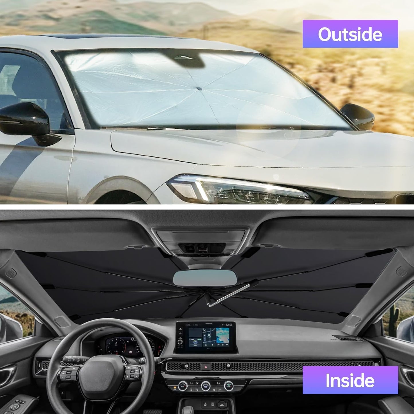 2026 Windshield Sun Shade Umbrella, Foldable Car Sunshade for Mid-Size Sedan, 360 Rotating Automotive Interior Sun Protection for 99% Heat UV Blocking, Auto Heat Shield Accessories(Medium)