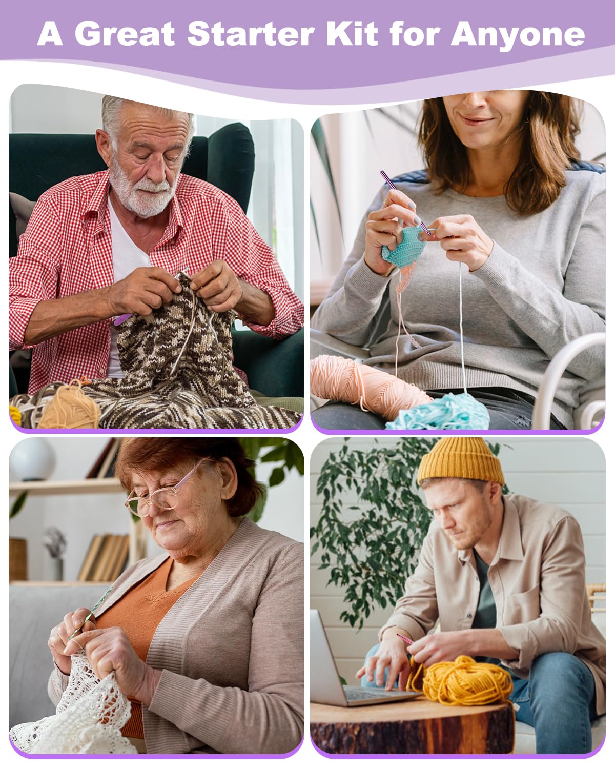 Aeelike Crochet Kit for Beginners Young and Old, First Crochet Kit for Adults Include 23pcs Crocheting Hooks, 655 Yards Yarn Set, Instruction, Bag, Crocheting Accessories and Supplies, Purple