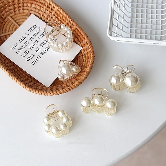 Pearl Hair Clips for Women, Small Hair Claw Clip Strong Hold,Mini Banana Jaw Clip Barrettes Nonslip,Hair Accessories Set Birthday Wedding Gift for Girl Thick Thin Curly Hair(5 PCS)