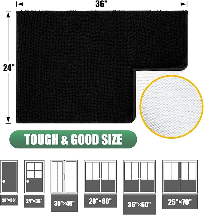 IM HOME Chenille Absorbent Outdoor Doormat 36" x 24", Washable Muddy Door Mats for Dog Non Slip Indoor Doormat Dog Mat for Muddy Paw Front Inside Doormats for Entryway Black