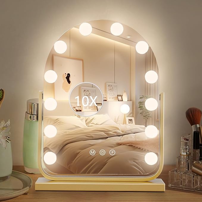 Vanity Mirror with Lights,17.3"ÃÂ13" Lighted Makeup Mirror with 12 Dimmable LED Bulbs,10X Magnification Smart Touch Control Hollywood Mirror with Lights,3 Colors Dimmable,360ÃÂ° Rotation (Gold)