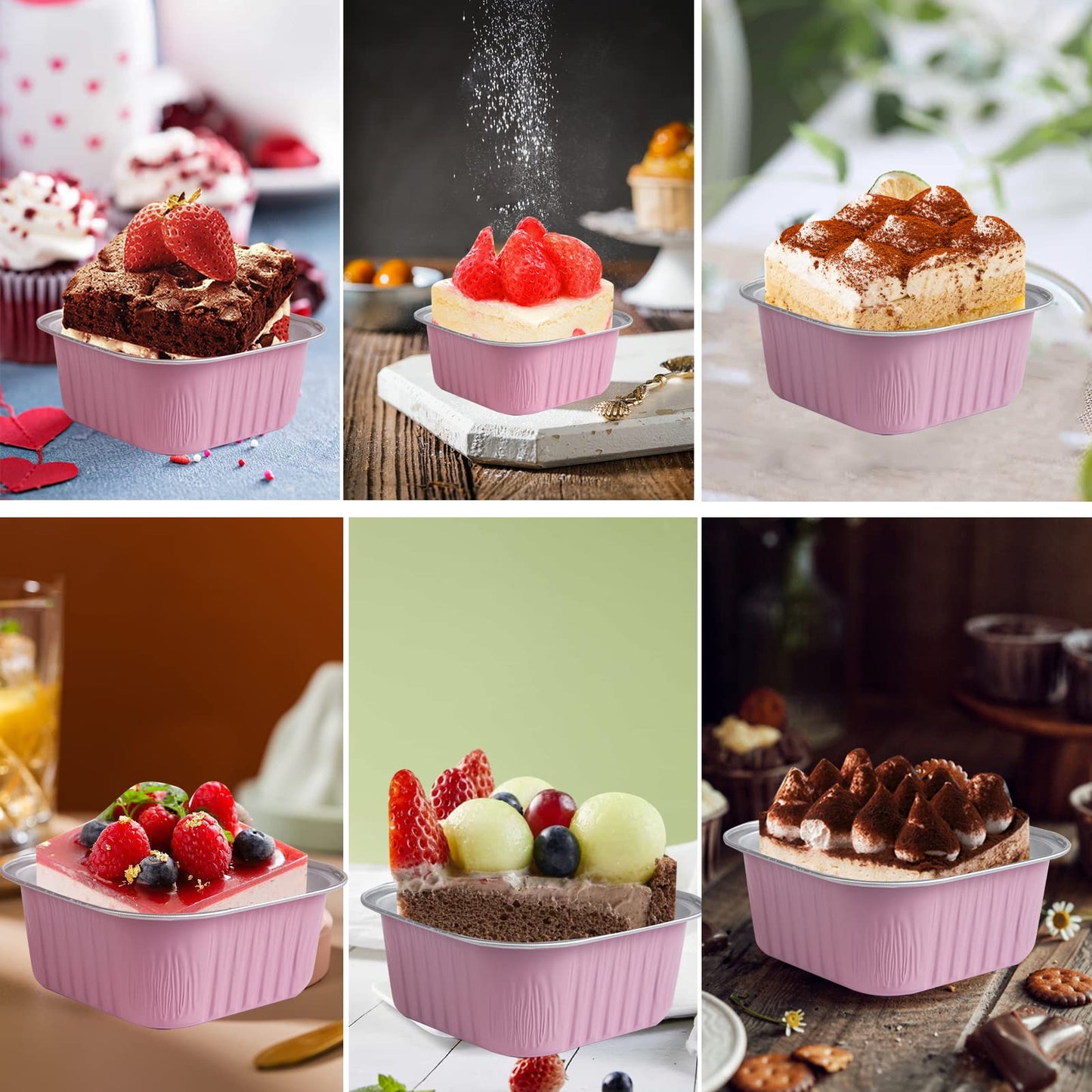 50 Pcs Mini Square Baking Cups with Lids,10oz Aluminum Foil Mini Cake Pans with Lids,Disposable Ramekins Cake Pans,300ml Dessert Cups Cupcake Pans for Wedding Birthday Party,Pink