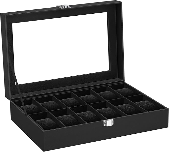 SONGMICS Watch Box, 12-Slot Watch Case Organizer with Large Glass Lid, Removable Pillows, Gift for Loved Ones, Black Synthetic Leather, Black Lining UJWB012B01