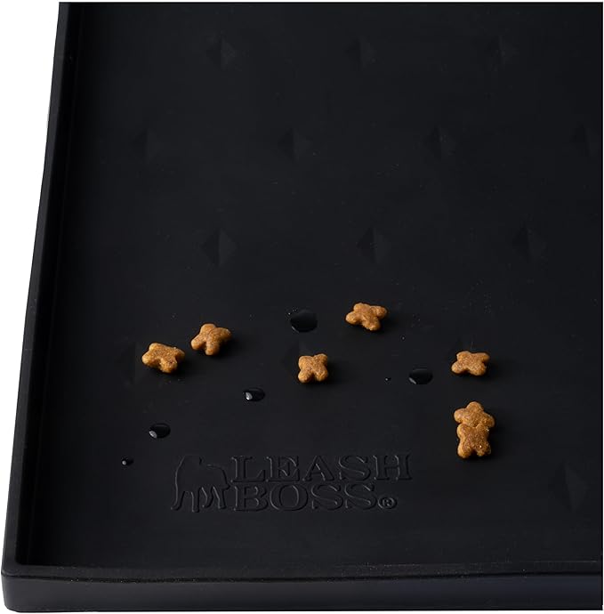 Leash Boss Dog Food Mat - Waterproof Cat & Dog Bowl Mat for Food and Water, Silicone Pet Feeding Mats for Floors, Non-Slip Placemat with High Edges, Puppy Essentials (XXL: 30"x22", Black)
