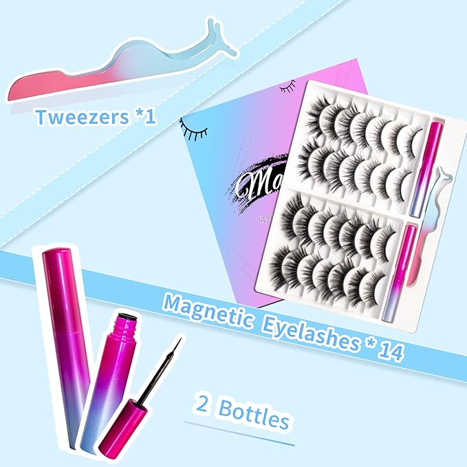Magnetic Eyelashes Kit, Long Lasting and Reusable Magnetic lashes Natural Look, 14 Pairs False Eyelashes with Magnetic Eyeliner & Tweezers, Easy to Wear, No Glue Needed (14 Pairs)