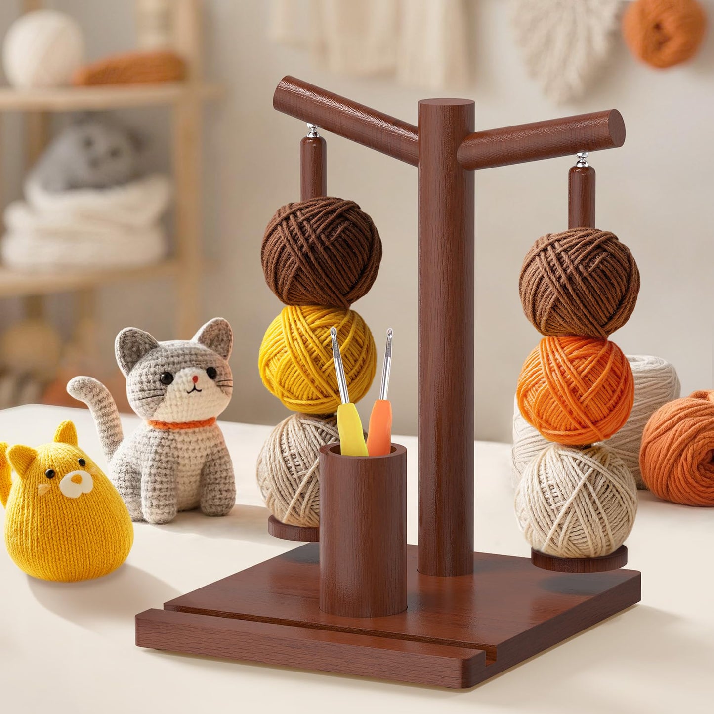 HangerSpace Wooden Yarn Holder for Crocheting and Knitting, Upgraded Magnetic Rotating Yarn Spinner with 2 Spindles, Perfect for Crocheting and Knitting Lovers