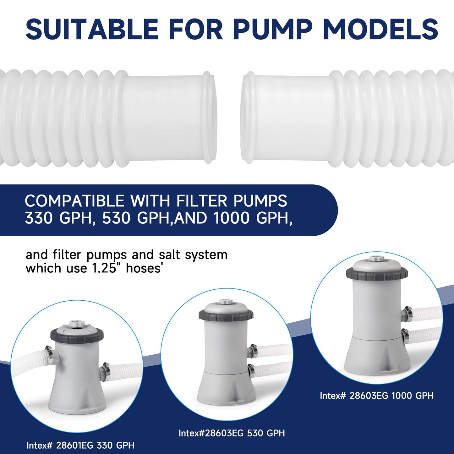 Pool Hoses for Above Ground Pools, 2 Pack 1.25 x 59 Inch Pool Filter Pump Hoses, Compatible with Intex Pool Filter Pump 607, 637 With 4 Metal Clamps(2)