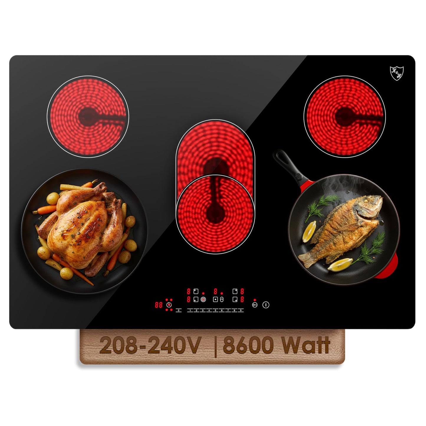 K&H 5 Burner Electric Cooktop - 30 Inch Built-In Radiant Ceramic Stove Top - 9 Power Levels & Touch Control, Compatible with All Cookware, 240V, 8600W High-Power Built-in Electric Stove, CE30-8608