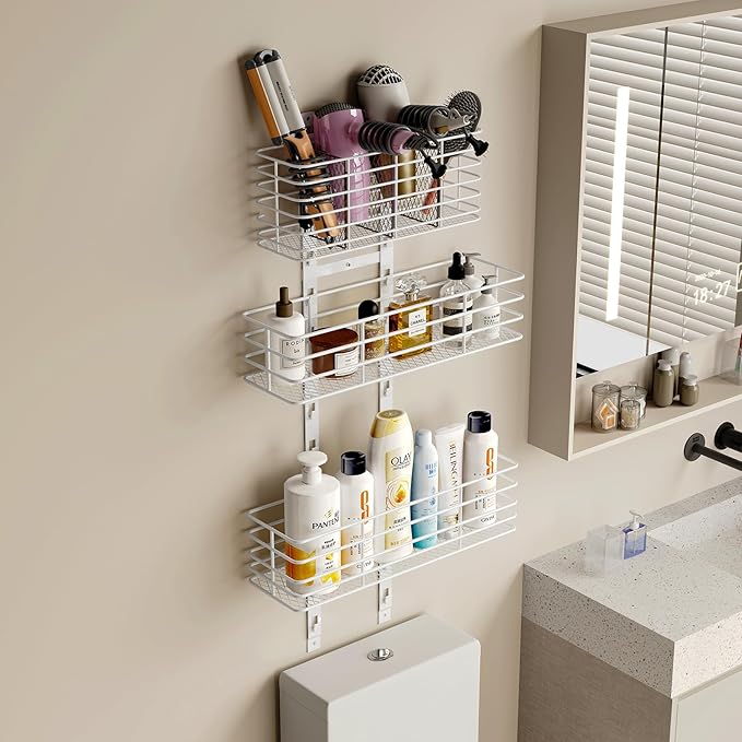 Yuyetuyo 5-Tier Over The Door Organizer Bathroom Shelves Hair Tool Organizer - Hair Dryer Holder Adjustable Height, DIY Bathroom Storage Shelf Wall Mounted Behind The Door Storage