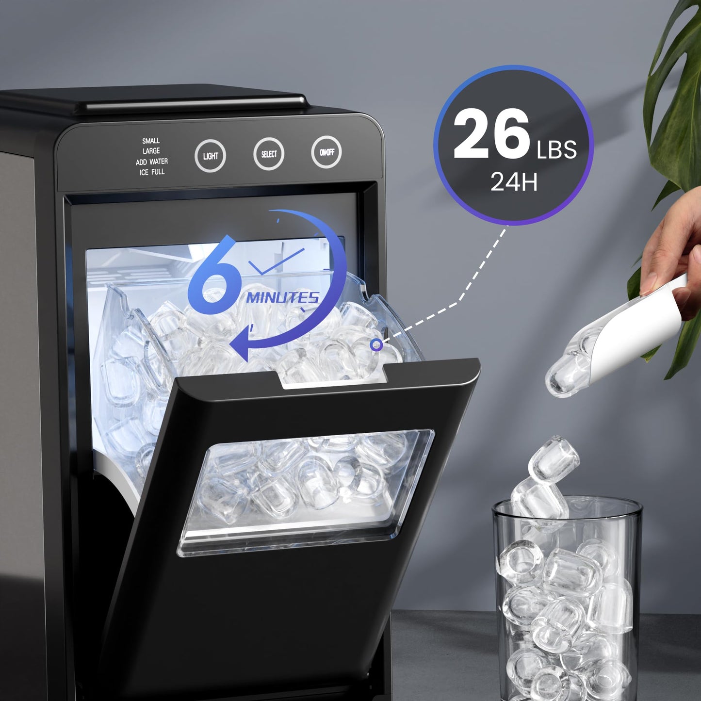 Ice Makers Countertop,26Lbs/24H,Portable Ice Maker Machine with Self-Cleaning,Interior Lighting,2 Sizes of Bullet Ice for Home/Office/Party(Black)