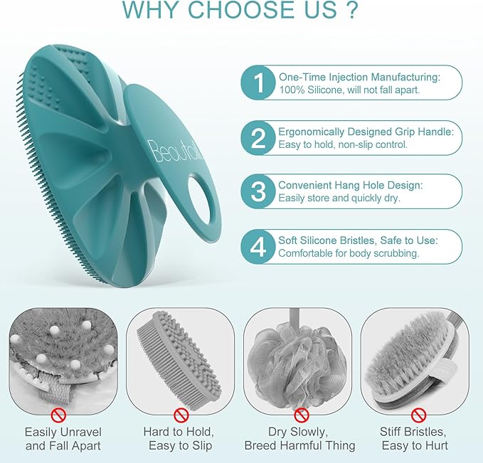 BEAUTAIL Silicone Body Scrubber Shower Bath Wash Brush Gentle Exfoliating Scrub Cleansing Loofah for Women Men Baby Sensitive Skin, Easy to Clean, Lather Nicely, More Hygienic, 1 Pack, Cyan