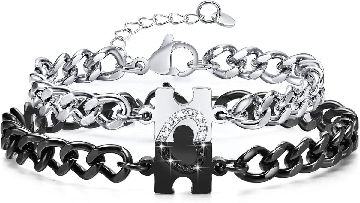 Matching Bracelets for Couples : Long Distance Relationship Gifts Puzzle Heart Stainless Steel Bracelets for Women Men His Hers Bracelets Set for Bf gf Husband Wife Friends Anniversary Promise Gift
