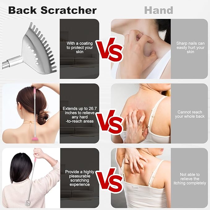 XKOS 4 Pack Different Back Scratcher Portable Telescoping with Rubber Handles, Extendable Metal Back Massager Tool with Beautiful Box, Stocking Stuffers for Men Women Adults (Pink)