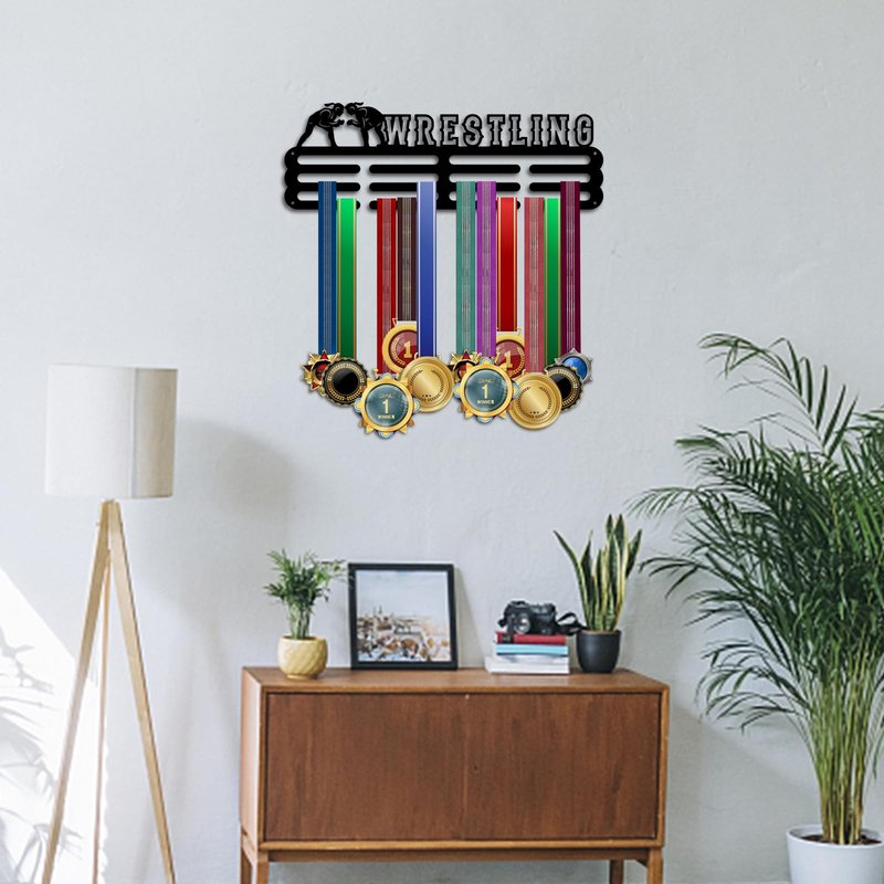 PH PandaHall Wrestling Medal Holder Athletics Medal Award Ribbon Hanger Display Rack Wall Mount Hanger Decor Trophy Shelf Tiered Award Rack for Over 50 Medals Easy to Install 15.75 Inch
