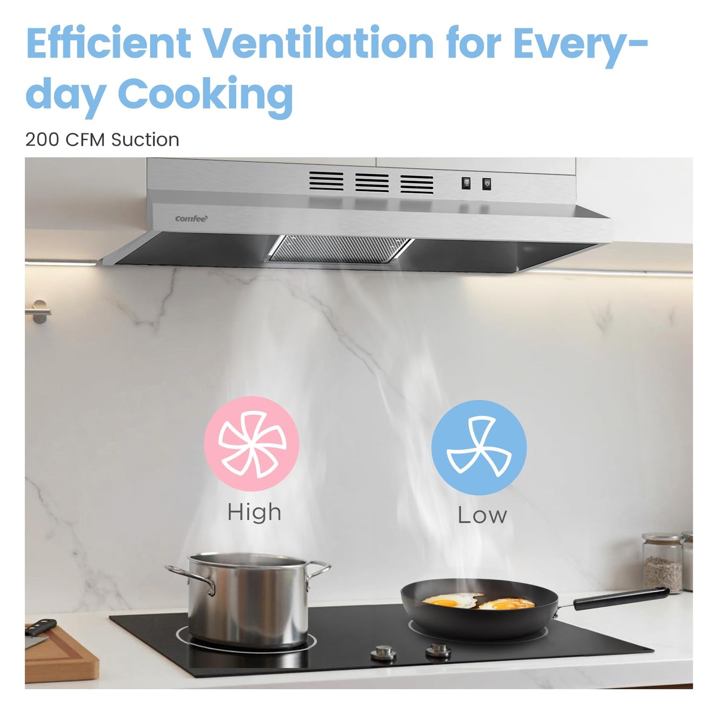 COMFEE' CVU30W2AST Range Hood 30 Inch Ducted Ductless Vent Hood Durable Stainless Steel Kitchen Hood for Under Cabinet with 2 Reusable Filter, 200 CFM, 2 Speed Exhaust Fan Silver