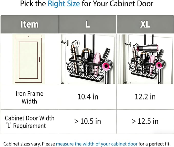 Sevenblue Hair Tool Organizer, 3-in-1 Universal Hair Dryer Holder, Adjustable Height Metal Blow Dryer Holder Wall Mounted/Over Cabinet Door/Free-Standing, 12.2 * 5 * 6.1" (XL Black)
