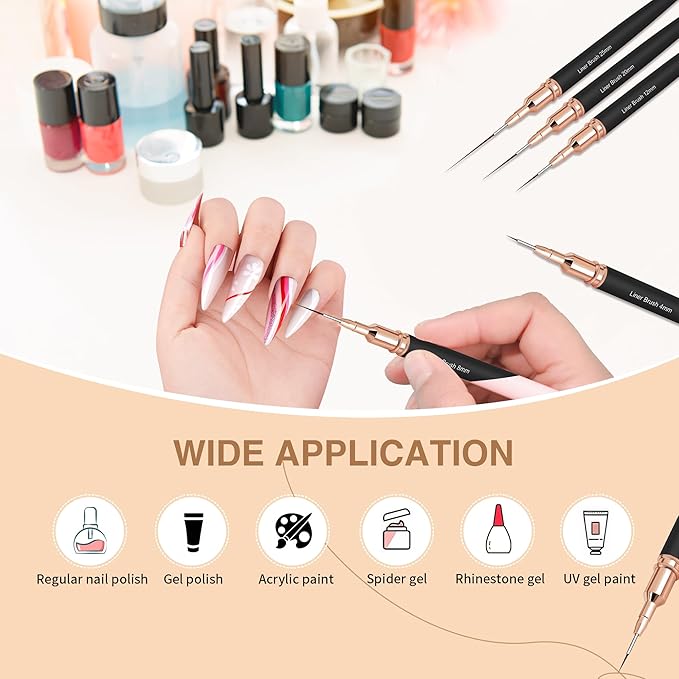 Metallic Nail Art Brushes, 5Pcs Nail Art Liner Brushes, Painting Art Design Brush Set Nail Dotting Drawing Tool for Long Lines, Thin Details, Fine Drawing Sizes 4/8/12/20/25mm, Black