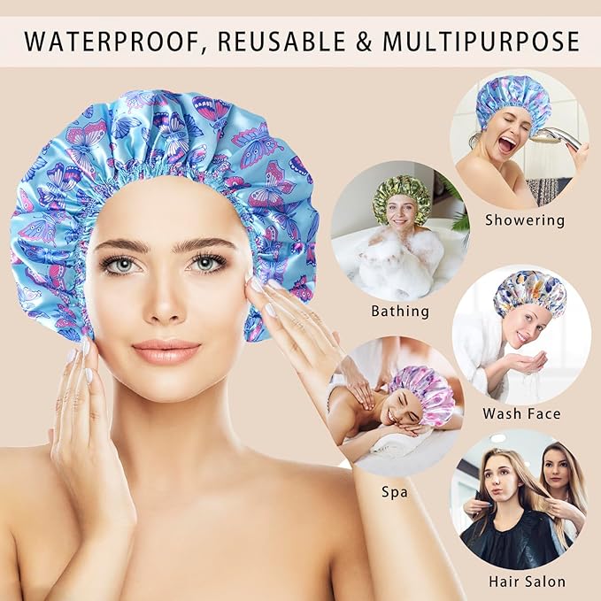 4 PCS Shower Cap for Women, Elastic and Reusable Bath Caps, Double Layers Shower Caps Reusable Waterproof, Bathing Shower Caps, Environmental Bath Hair Protection Cap - Butterfly C
