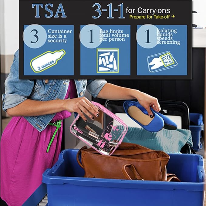 WANDF TSA Approved Toiletry Bag, 2 Packs Travel Clear Toiletry Bag, Quart Size Makeup Cosmetic Pouch with Zipper, Carry-On Airport Compliant Bag for Women and Men (4pcs Pink)