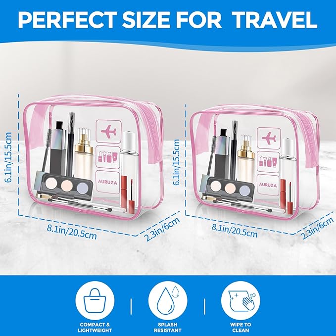 AURUZA Clear Makeup Bag, TSA Approved Cosmetic Travel Toiletry Organizer, Quart Size Carry On Compliant, Water Resistant Airport Airline Essentials