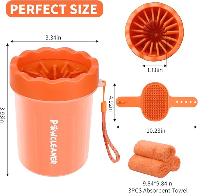 Professional 7 in 1 Dog Paw Cleaner for Dogs & Cats - Includes 1 Portable Paw Washer, 1 Bath Brush, 2 Dog Toothbrushes and 3 Absorbent Towels Note: Fits Paws up to 2 Inches Wide (Orange, Small)