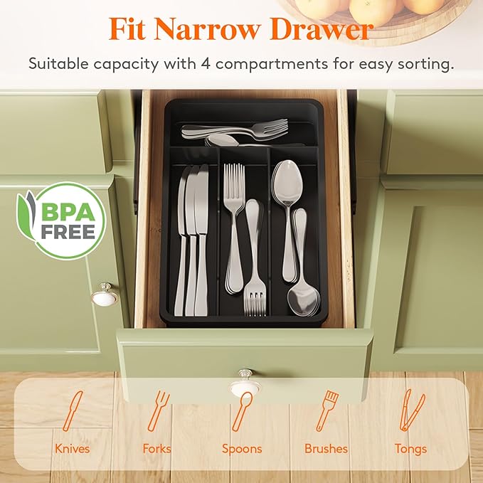 Lifewit Silverware Drawer Organizer Tray, Plastic Cutlery Storage for Kitchen, Flatware and Utensil Holder Divider for Spoons Forks Knives Tableware, 7.8 x 12.4", 4 Slots, Black
