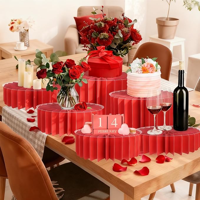 6Pcs Buffet Risers, Valentine's Day Food Risers for Table, Foldable Cake Display Stands, Tall Cardboard Cupcakes Stand for Show Catering Desserts Jewelry Wedding Birthday Party Decoration (Red)