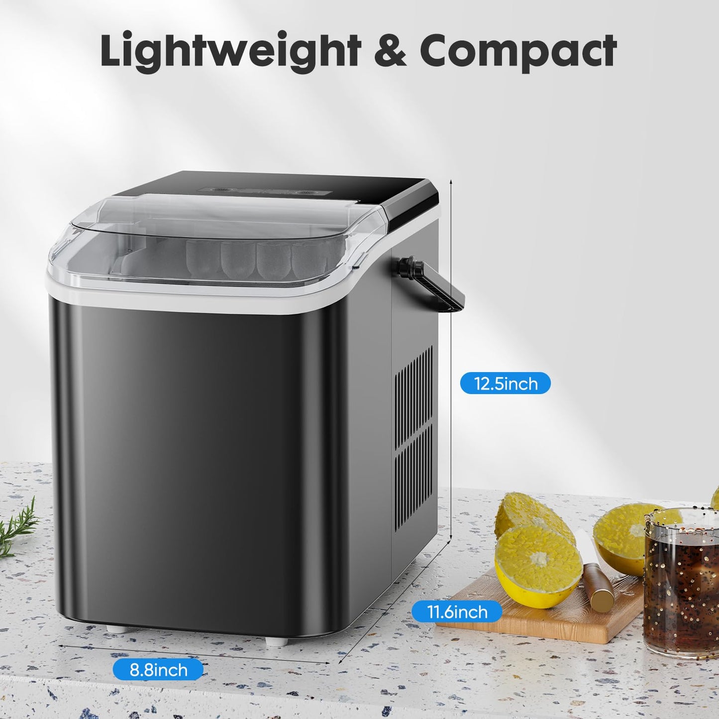 DUMOS Ice Maker Countertop Ice Machine Compact Size with Handle, 26lbs in 24Hrs, Black