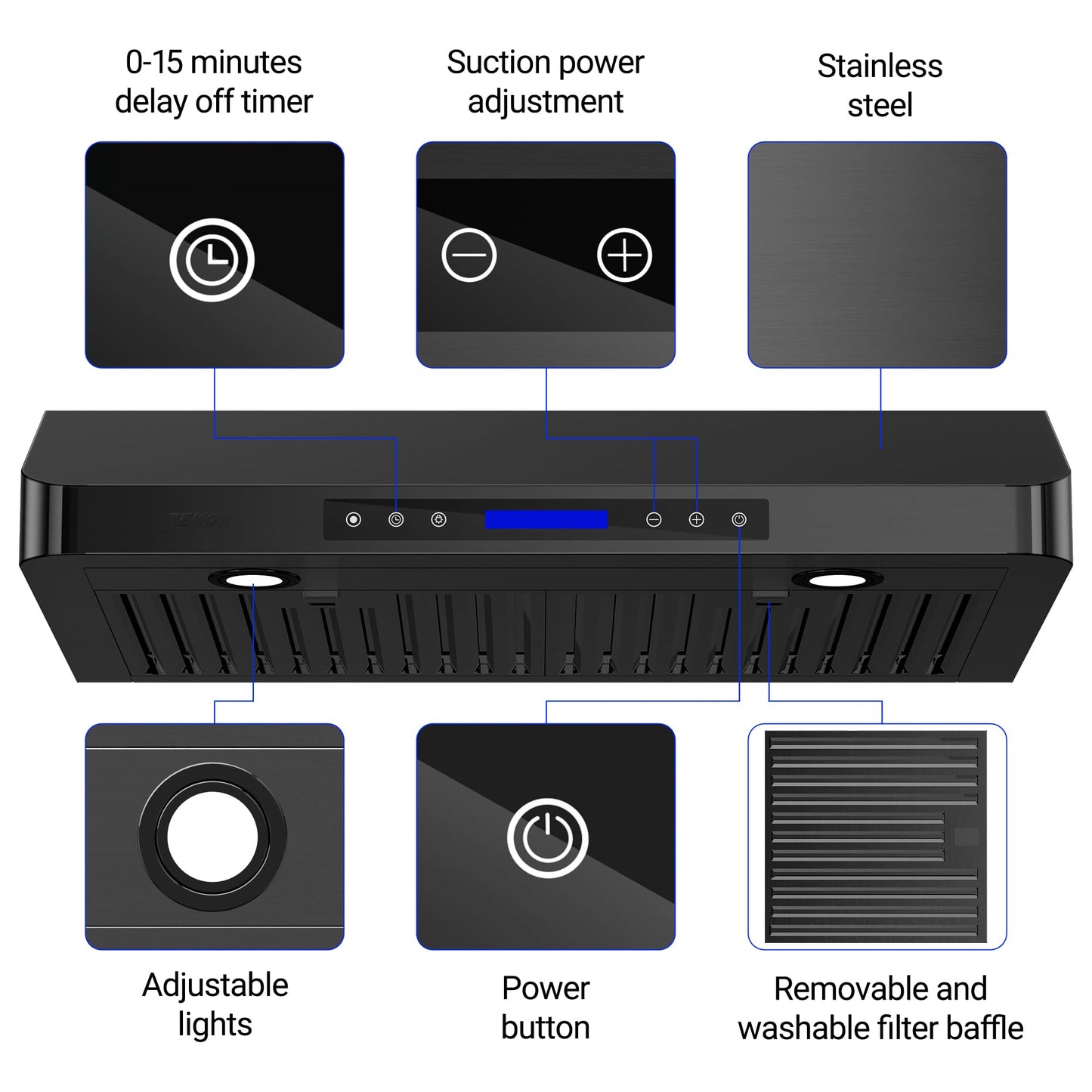 EKON 42 inches Black Under Cabinet Range Hood, 900 CFM Stainless Steel Kitchen Chimney Vent, 4 Speed Touch Screen Control With Remote 2Pcs 3W LED lights Dishwasher-safe Filters Fan Timer