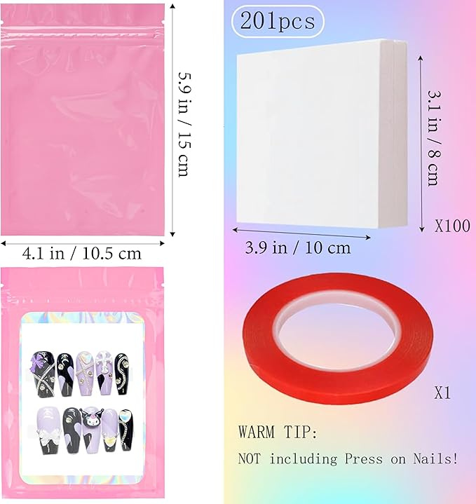 Qenk 100PCS Empty Holographic Nail Storage Bag Press on Nail Packaging Bag and 100PCS Shiny white cardboard Nail Tips Packaging Bags with 1 Roll Transparent Tape (Pink)