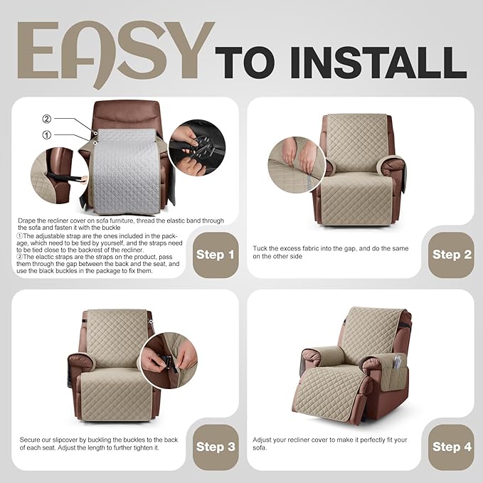 KinCam 100% Waterproof Recliner Chair Cover, Reclining Couch Covers for Pets, Dogs, Recliner Couch Slipcover Furniture Protector with Elastic Straps for Kids(30", Khaki)