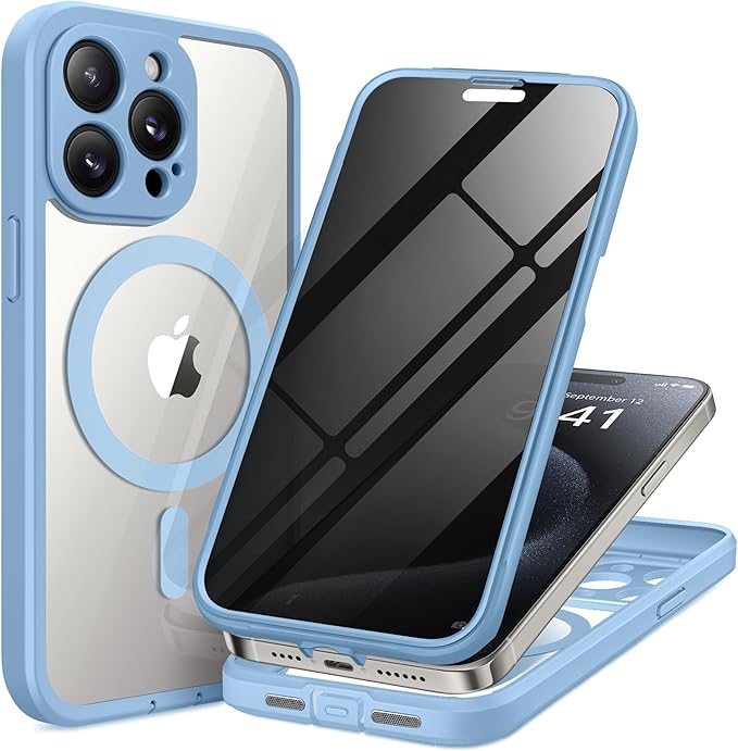 Magnetic for iPhone 15 Pro Max Case, Compatible with MagSafe, Built-in Privacy Screen Protector and Camera Protection, Anti Spy Full Body Dustproof Shockproof Hard Phone Case 6.7", Sky Blue