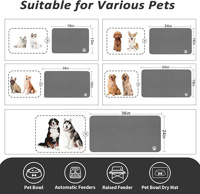 Dog Food Mat - Absorbent Cat Mat for Food and Water, No Stains Pet Feeding Bowl Mat, Easy to Clean Pet Placemats, Quick Dry Dog Water Dispenser Mat for Messy Drinkers | Paw Dark Grey 18"x 28"