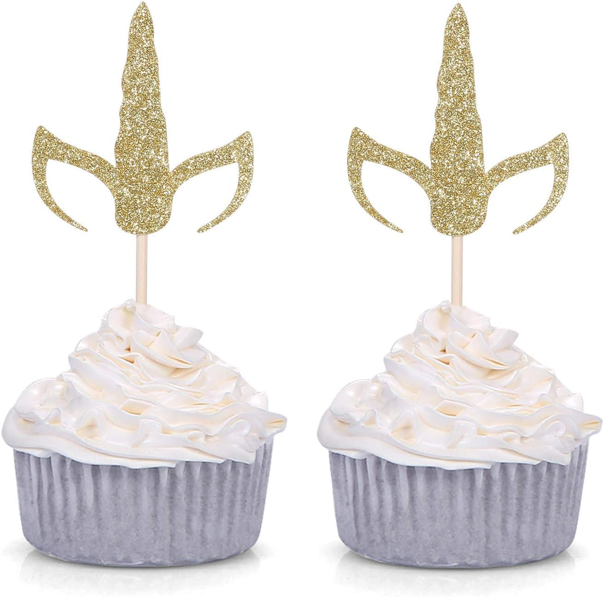Set of 24 Gold Glitter Unicorn Horn and Ears Cupcake Toppers Baby Shower Kid's Birthday Party Decorations