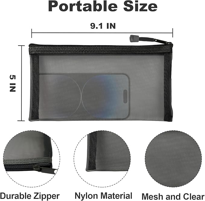 Mesh Bags with Zipper (6 Packs), Small Nylon Makeup Bag Cosmetic Pouches Travel Organizer Case for Purse Diaper Bag Home Organizing Black