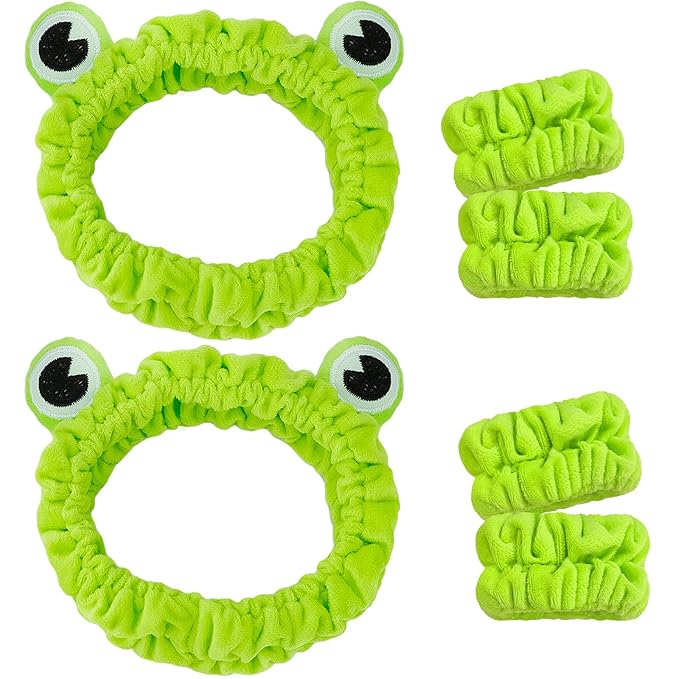 Skincare Headband Frog - 6pcs Set: 2 Green Frog Headbands for Skincare & 4 Wristbands for Washing Face - Non-Slip, Adjustable, Soft Microfiber, Warm Gift for Women, Girls