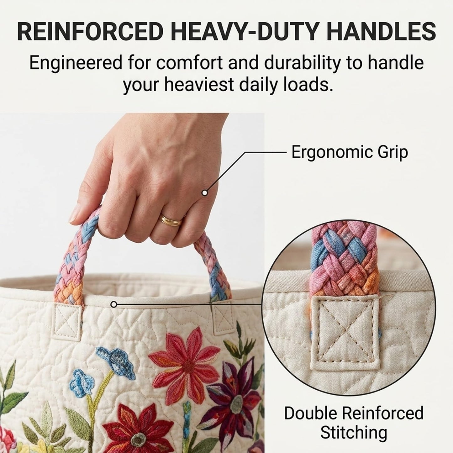 Quilted Laundry Baskets, Large Floral Boho Fabric Storage Hamper with Handles, Collapsible Soft Clothes Organizer Tote for Nursery House Styling, Portable Bedroom Washing Container