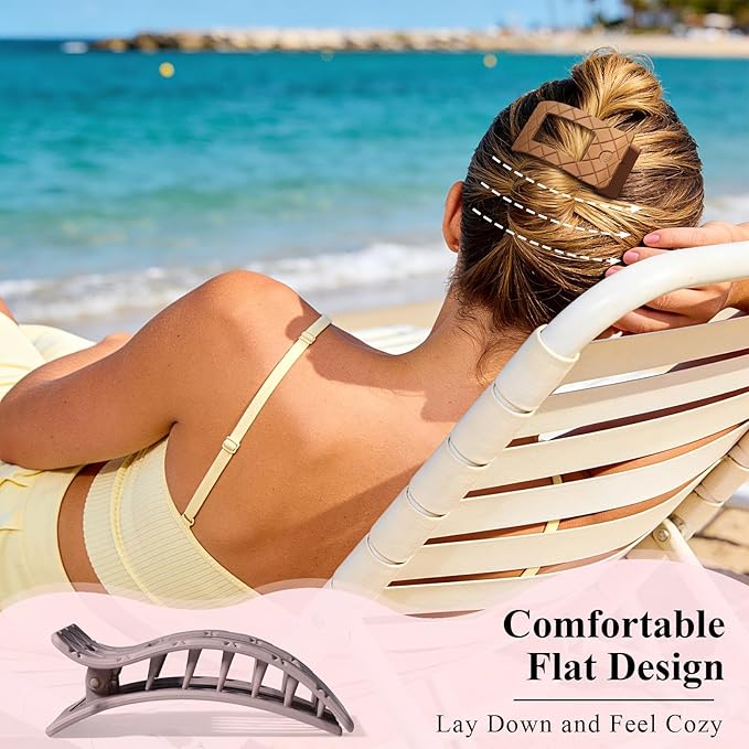 Large Flat Hair Claw Clips for Women Fine Thin Medium Thick Hair, Duckbill Strong Hold Non Slip Square Hair Clips, Cozy French Lay Down Hairclips, Pink, Blue, Brown, Khaki, 4 Pcs
