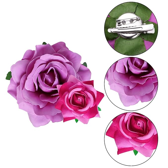 Rose Hair Clip Flower Hairpin Brooch Floral Clips, 4 Pcs Fabric Rose Flowers Hair Clips Mexican Hair Flowers Pin up Headpieces for Woman Girl Wedding Party Mother's Day (Light Purple)