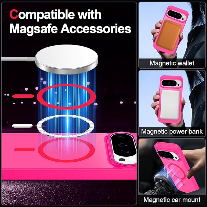 Magnetic for Google Pixel 9 Pro XL Case, [Military Grade Drop Protection] [Compatible with MagSafe] Shockproof Slim Translucent Matte Anti-Slip for Women Girls Men Case, Hot Pink