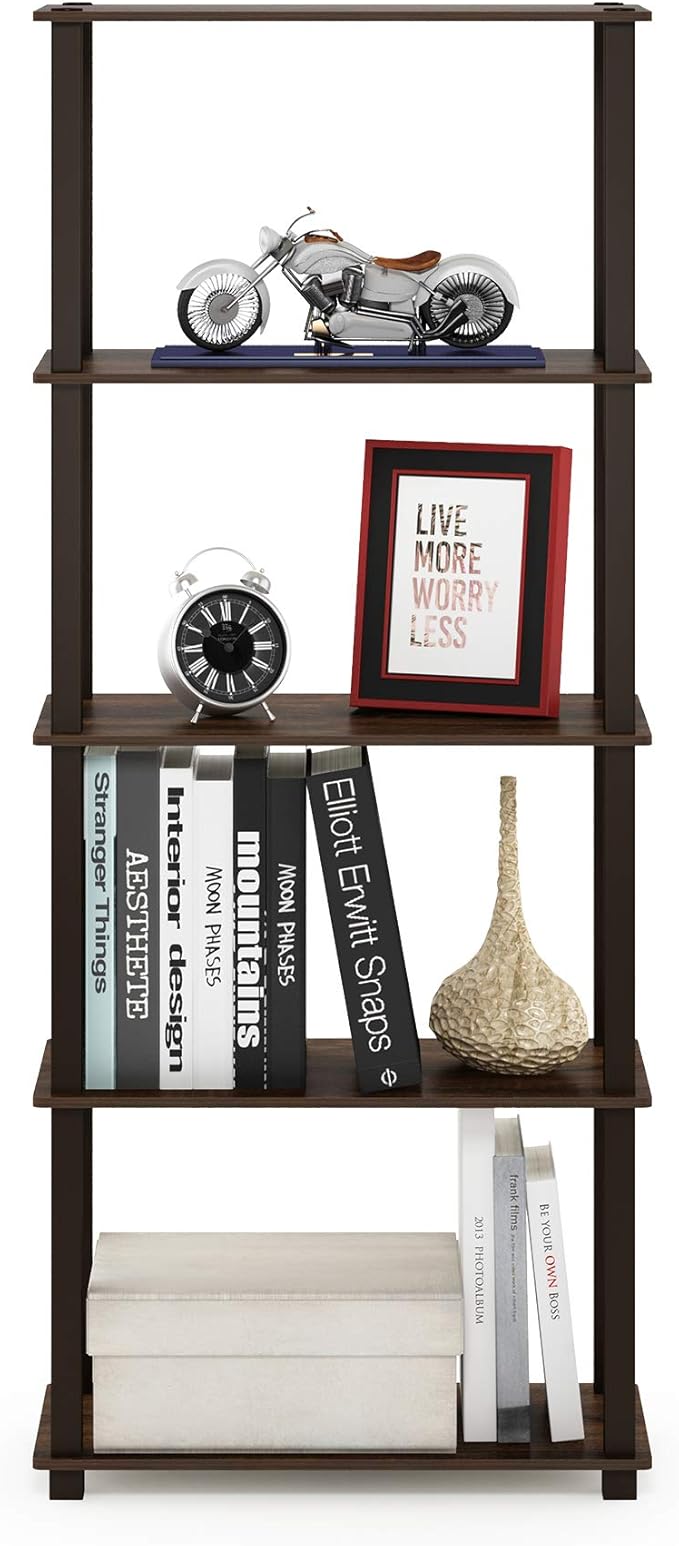 Furinno TURN-S-TUBE Book Shelf, 5-Tier Toolless Storage Shelves with Square Tubes, Shelving Unit for Organization and Storage for Living Room, Home Office, Walnut